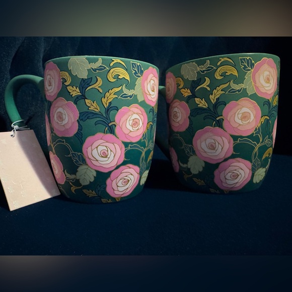 Petal & Pearl Set of 2 Soft Touch Pink Green Floral Coffee Mugs Gold Detail NWT - Picture 5 of 6